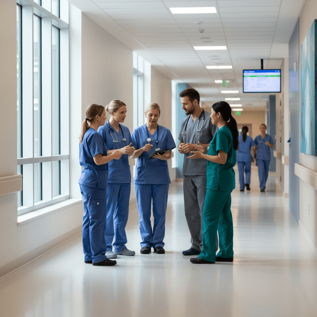 Contract healthcare staff working together in facility