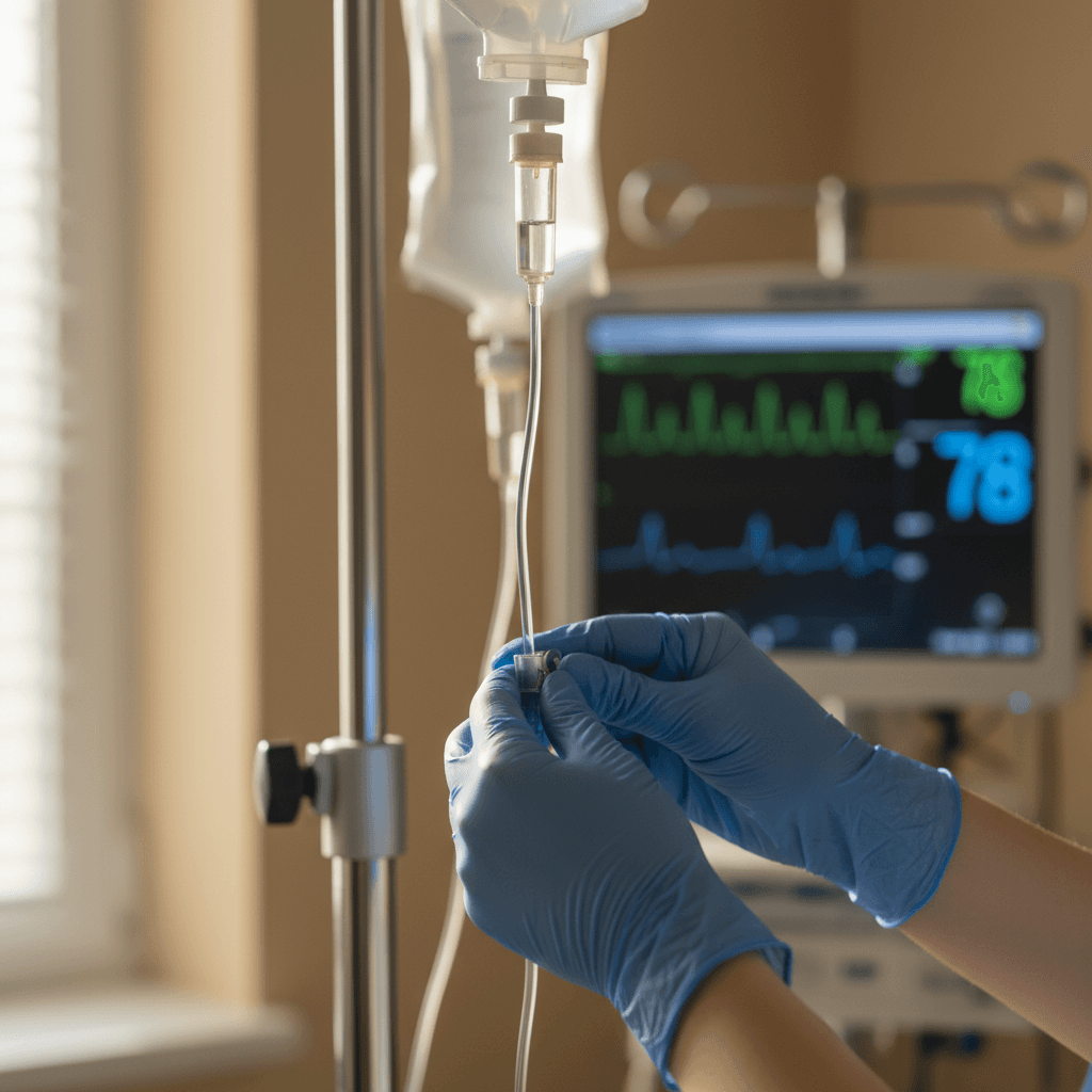 Healthcare professional adjusting patient IV with precision