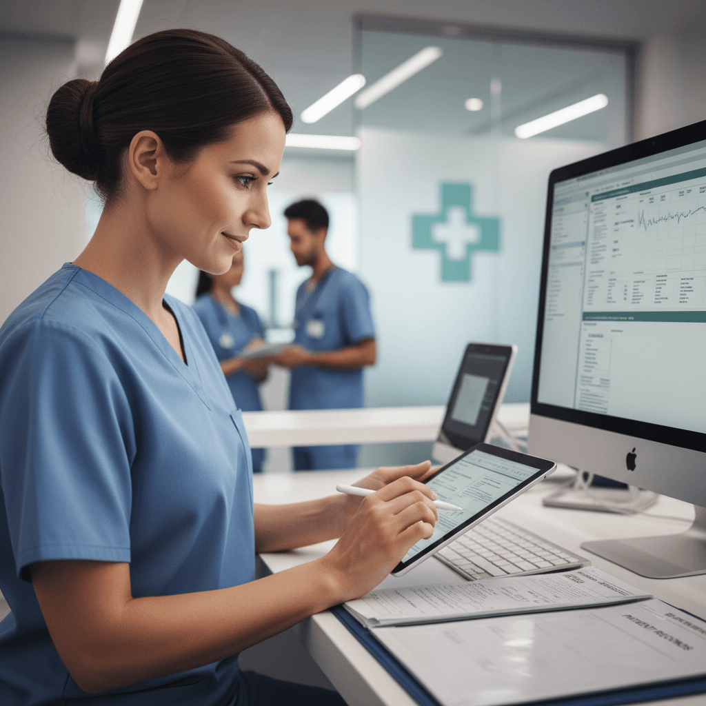 Registered Nurse reviewing patient care documentation