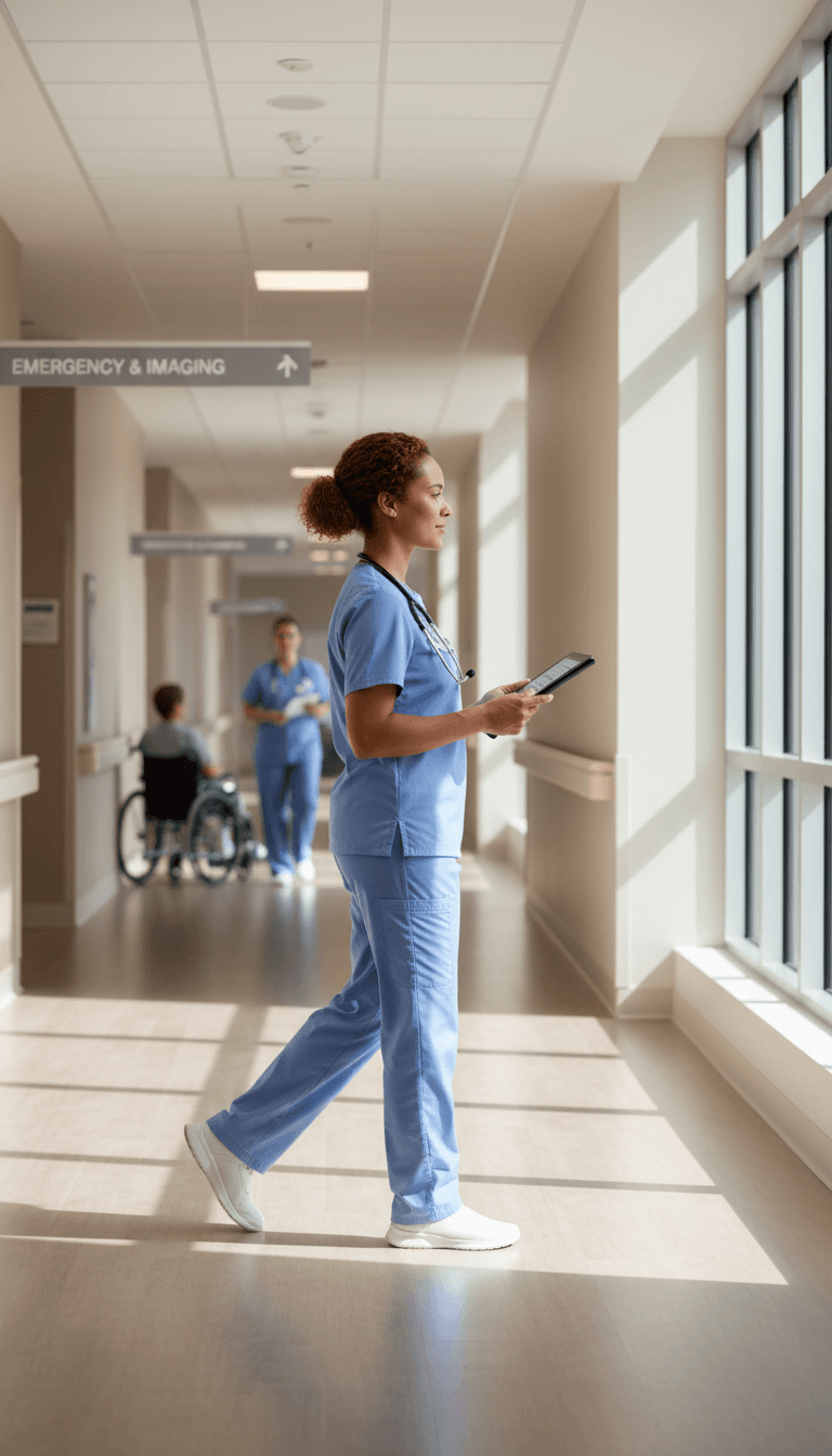 Nurse walking through hospital corridor with tablet